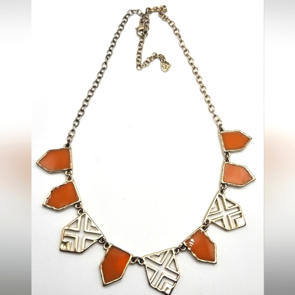 TRE VERO Coral Colour Gold Statement  Geometric Necklace Summer - Picture 2 of 3